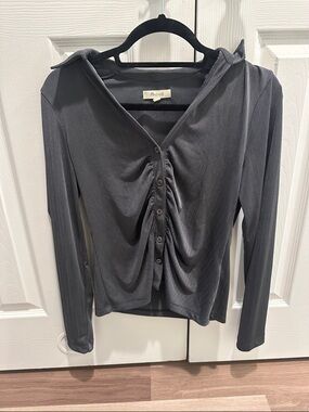 Madewell Charcoal Black Ruched Button-Front Long Sleeve Top